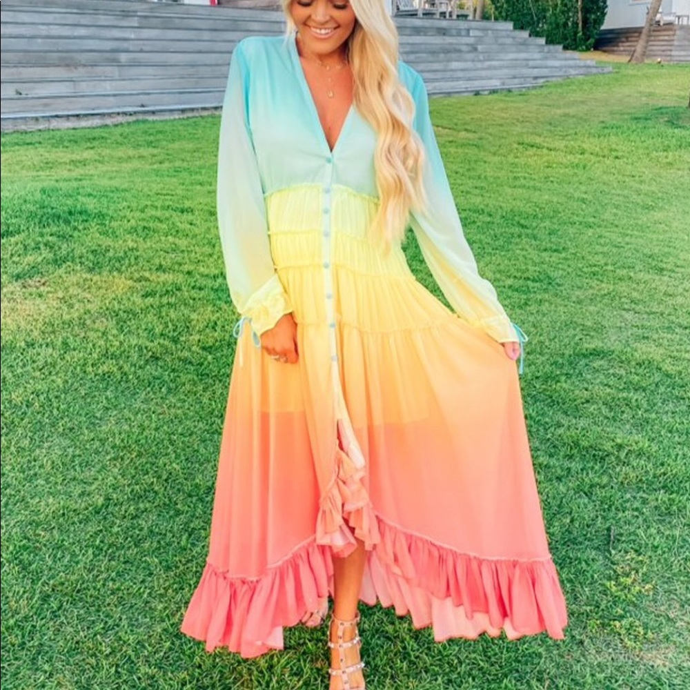 Rainbow Ombré High Low Button Front Dress